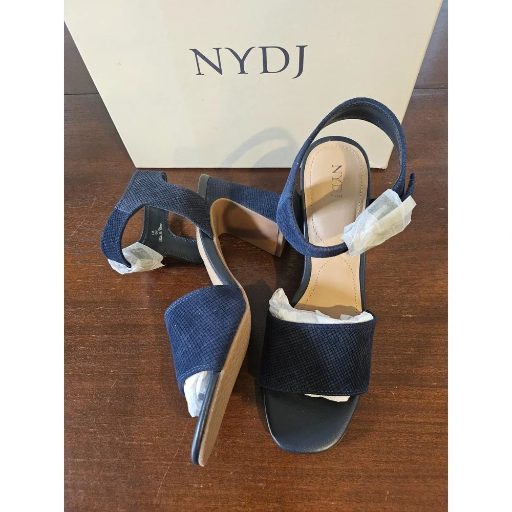 NYDJ Liz Suede Navy Blue Canvas Block Heel Ankle Strap Sandals Size 10 M New